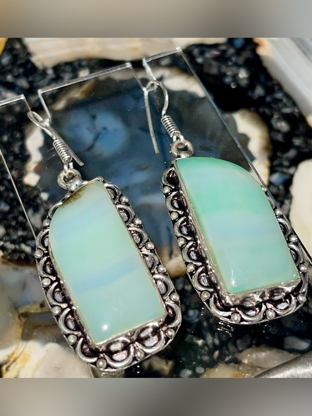 Green Botswana Lace Agate Earrings 2 1/4”